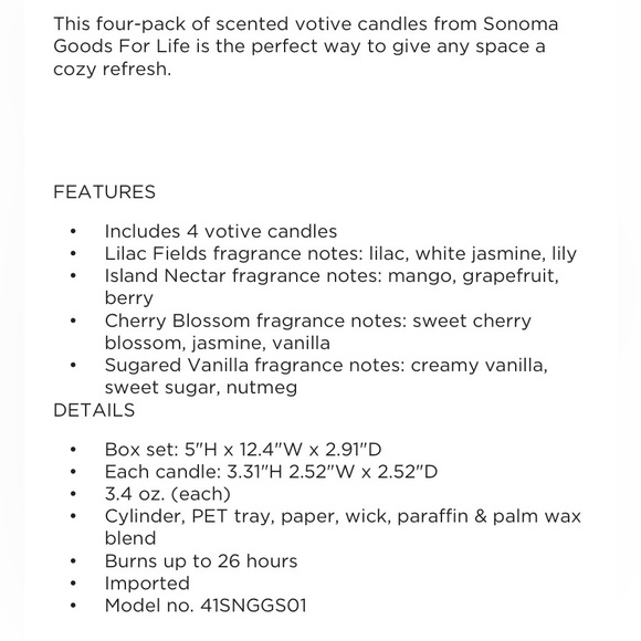 🆕🕯️ SONOMA GOODS FOR LIFE 3.4 oz. VOTIVES 4-PACK SET. BRAND NEW FACTORY SEALED - Picture 13 of 16